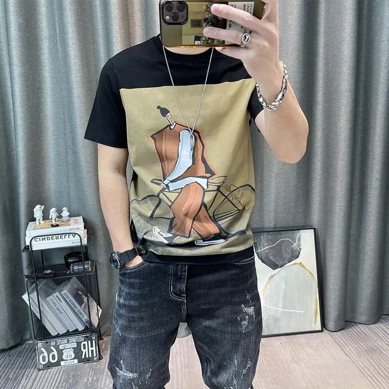 Fashion O-Neck All-match Cartoon Printed T-Shirts Men\'s Clothing 2024 Summer New Loose Korean Short Sleeve Tops Casual Tee Shirt