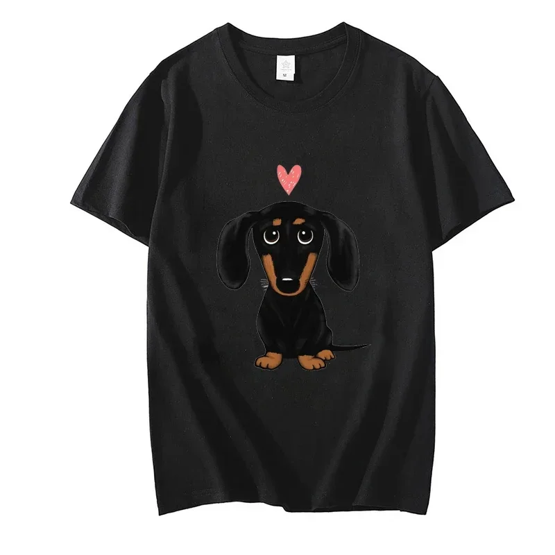 Nero e marrone chiaro bassotto con cuore retrò Y2K divertente t-shirt femminile estate simpatico cartone animato cane Wiener moda tee top casual top