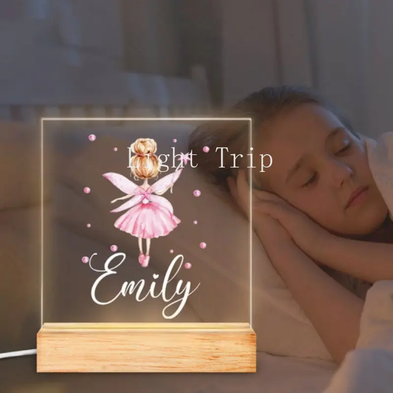 Personalized Pink Fairy Night Light With Name Nursery Room Ballerina Night Light with Custom baby Name Gift For Kids Bedroom