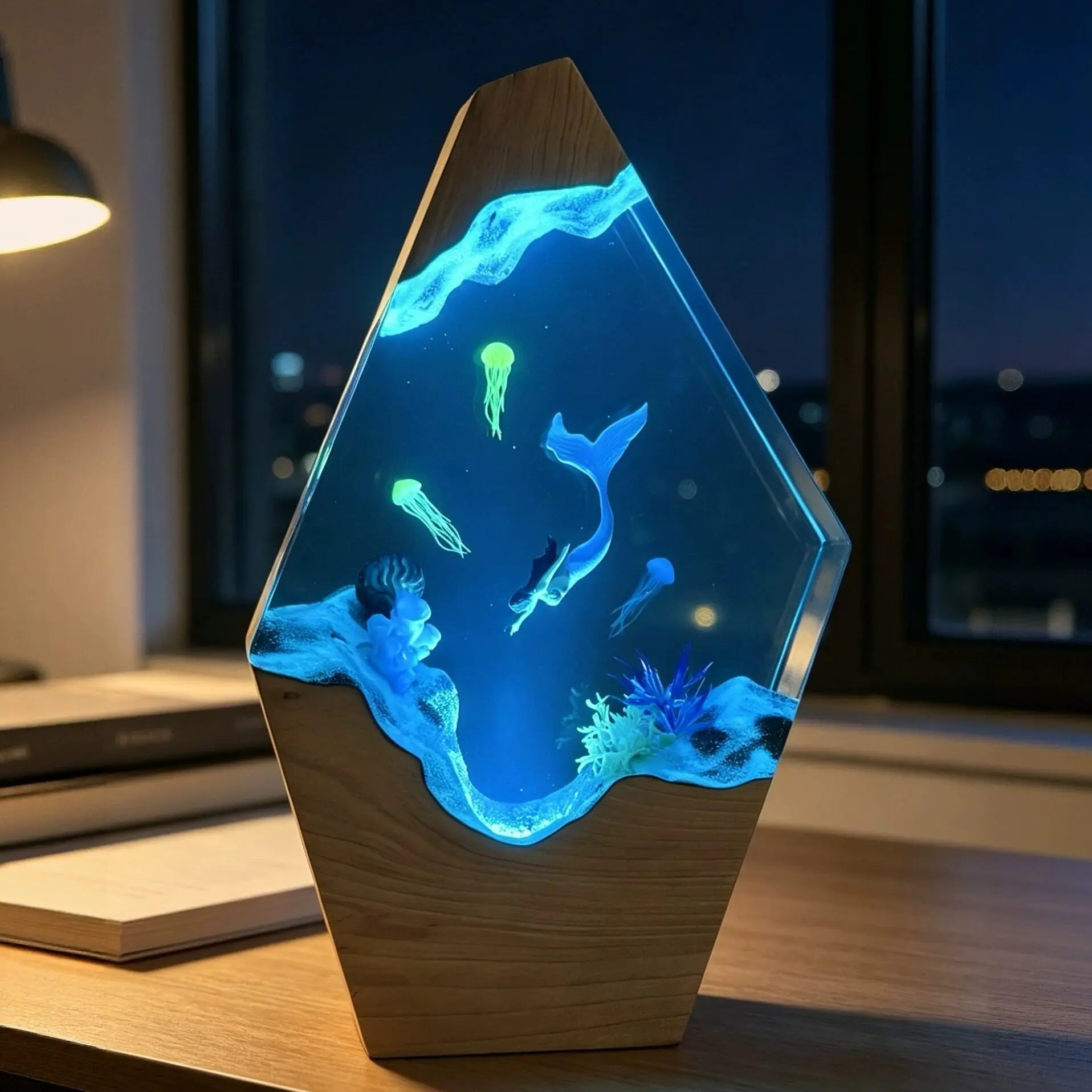 Mermaid Jellyfish Roaming Atmosphere Light Resin Solid Wood Ocean Remote Control Resin Underwater Exploration Light