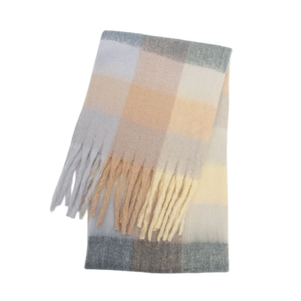 Simple Mohair Plaid Wool Scarf Long Plush Rainbow Tassel Shawl Imitation Cashmere Thick Winter Cashmere Scarves Women/Men