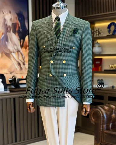 캐주얼 그린 Houndstooth 남자 정장 맞춤형 와이드 옷깃 슬림 피트 신랑 턱시도 2 조각 세트 더블 브레스트 남성 댄스 파티 블레이저
