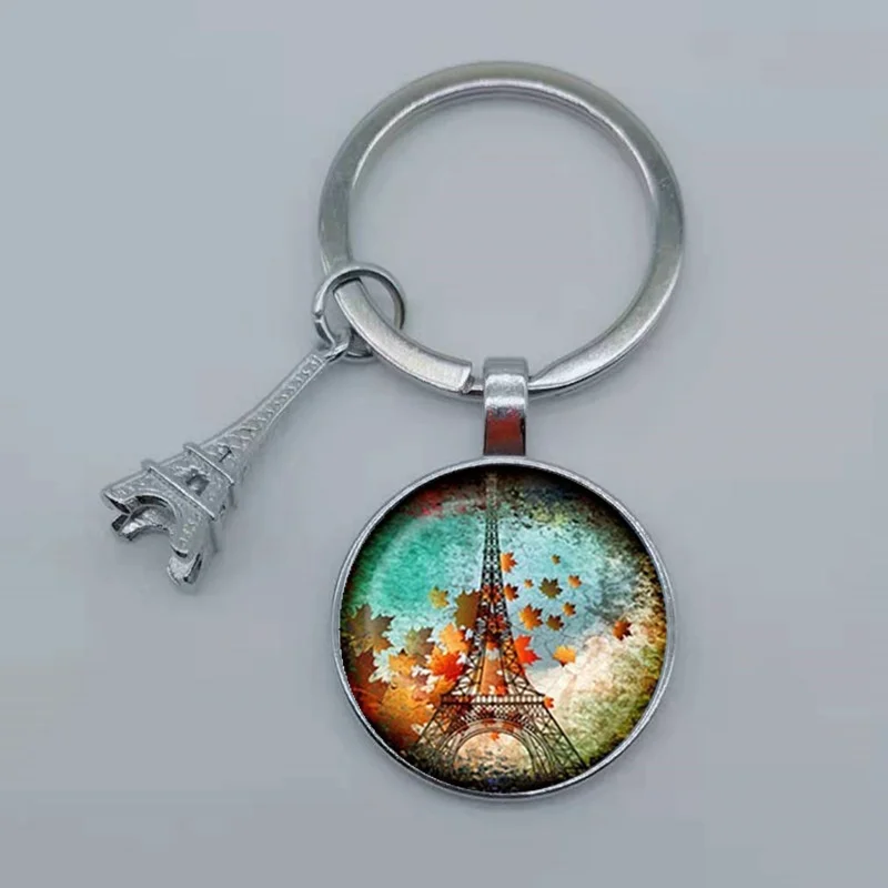 Romantic Paris Eiffel Tower Key Chains Art Lady Wander Drawing Design Glass Pendant Cute Keychain Keyring Women Bag Jewelry