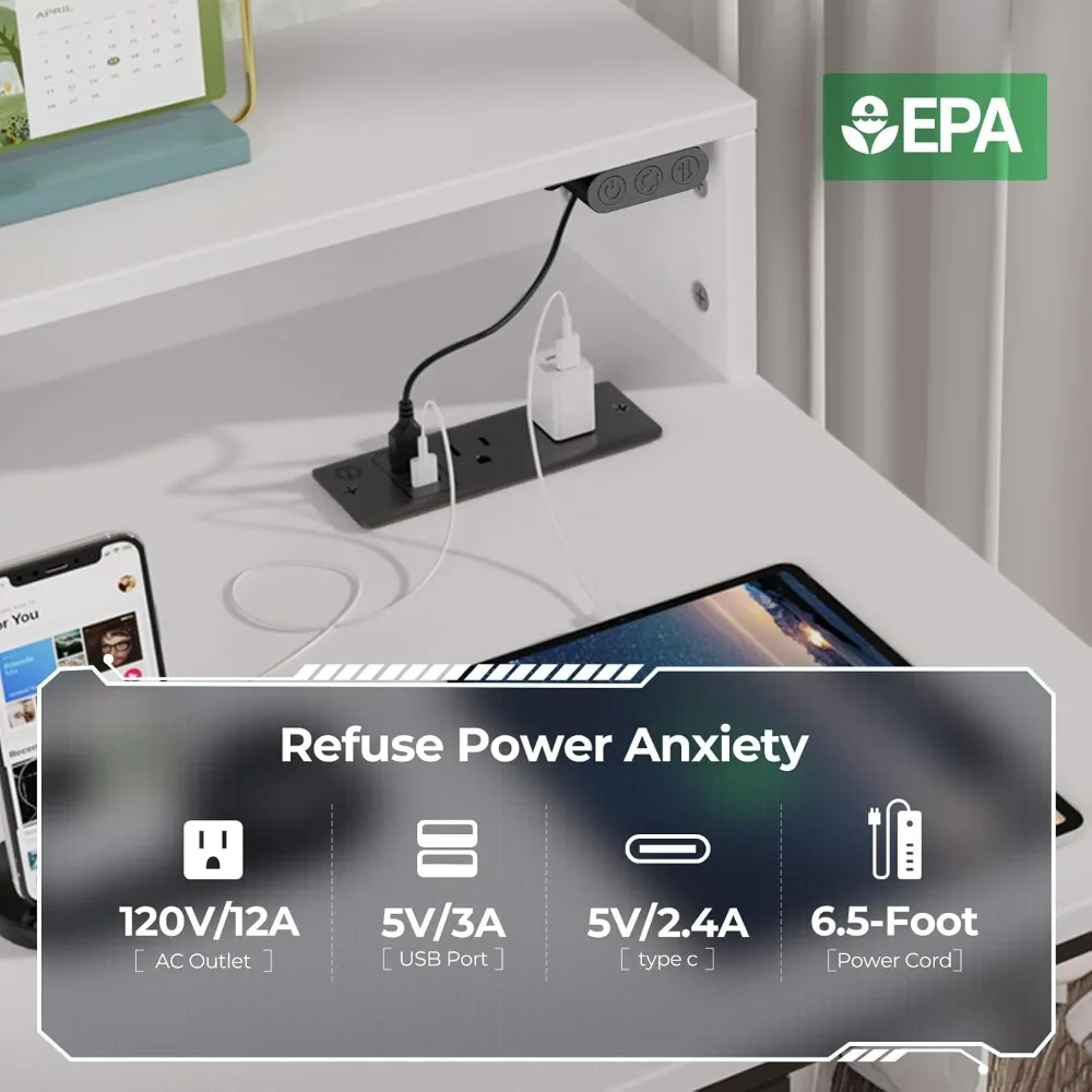 Computer Desk with LED Lights & Power Outlets, Gaming  with Storage Shelves,Home Office  with Keyboard Tray,Writing