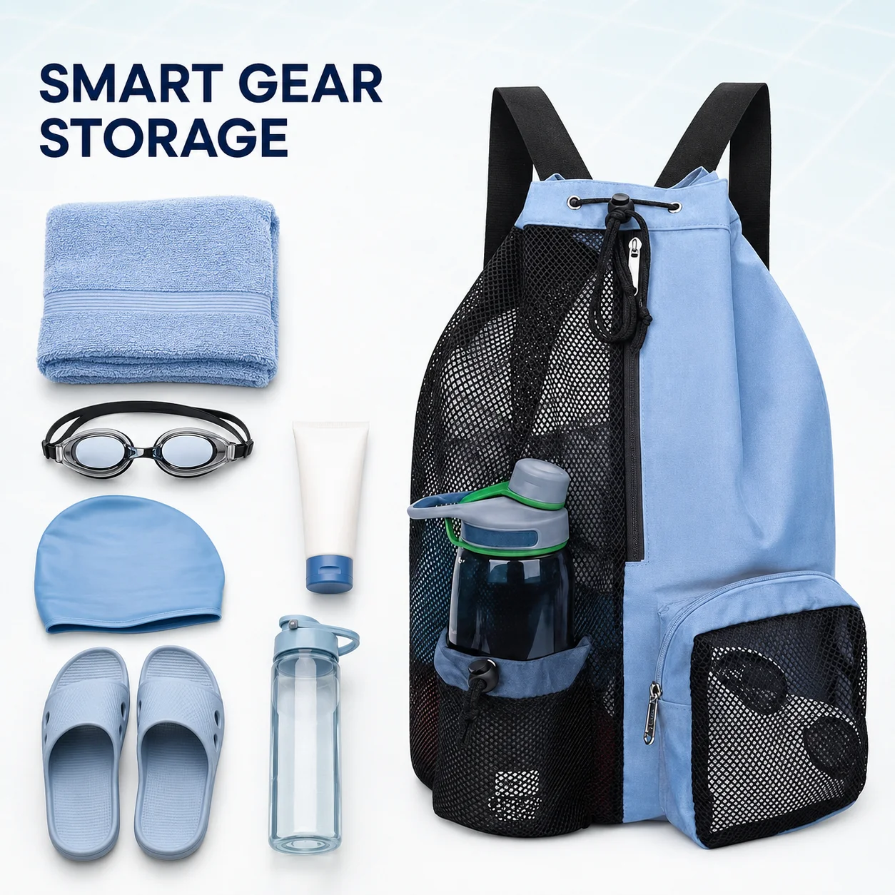 Lightweight Mesh Beach Bag Drawstring Swim Backpack with Wet Pocket Bottle Holder Shoe Compartment for Pool Travel Sports