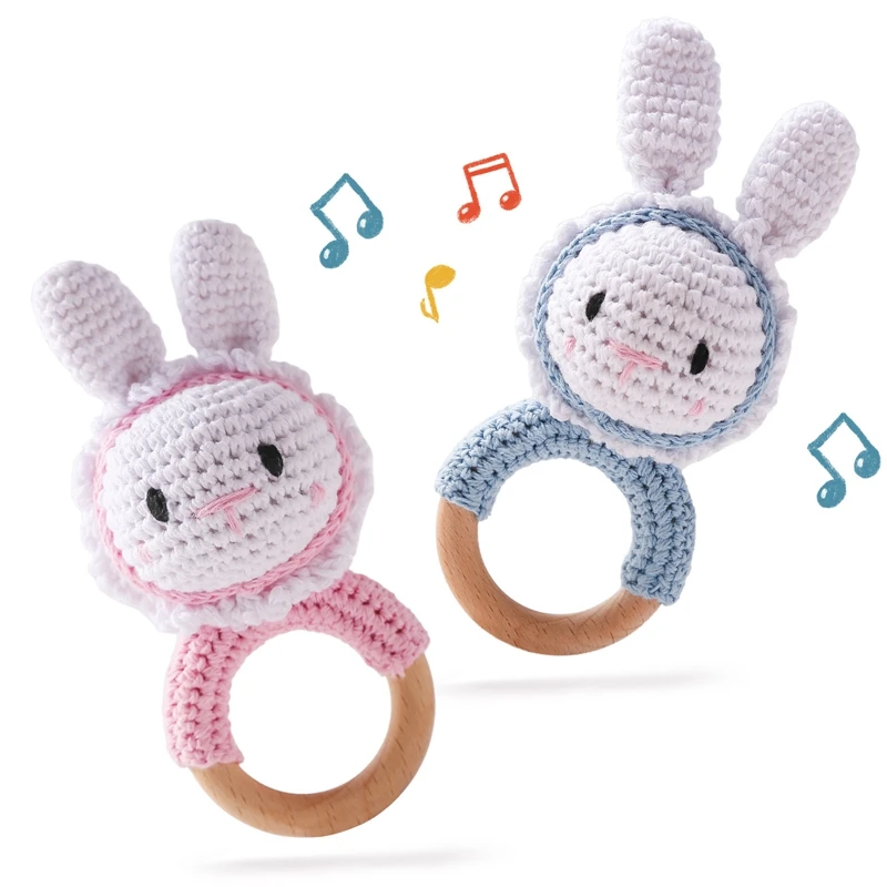 1PC Crochet Animal Bunny Rattle Toy Soother Bracelet Wooden Teether Ring Baby Product Mobile Pram Crib Wooden Toys Newborn Gifts