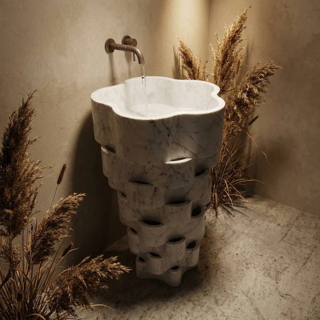 Modern Pedestal Sink Flower Shape Polished Marble Bathroom Basin Floor Mounted free standing basin Contemporary Design