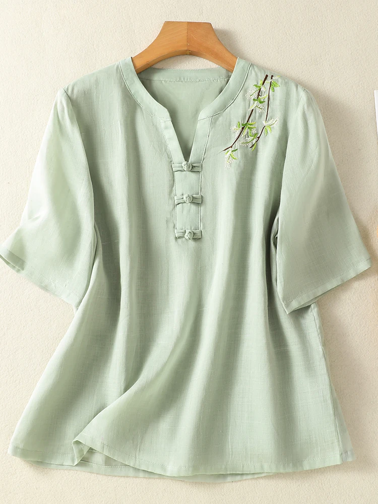 

New Chinese Style Large Size Women's Shirt Embroidered V-Neck Thin Cool Feeling Short Sleeve Overhead Summer Cotton Linen Blouse