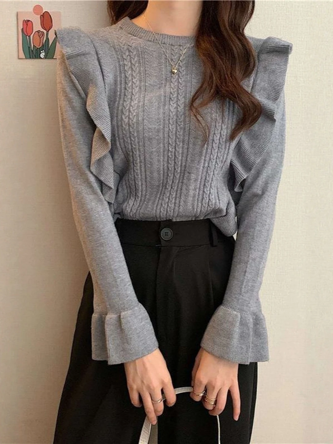 قميص نسائي محبوك بأكمام طويلة للتنحيف، تصميم فرنسي أنيق، ناعم الملمس، بأكمام واسعة، دافئ ومناسب للارتداء اليومي #2