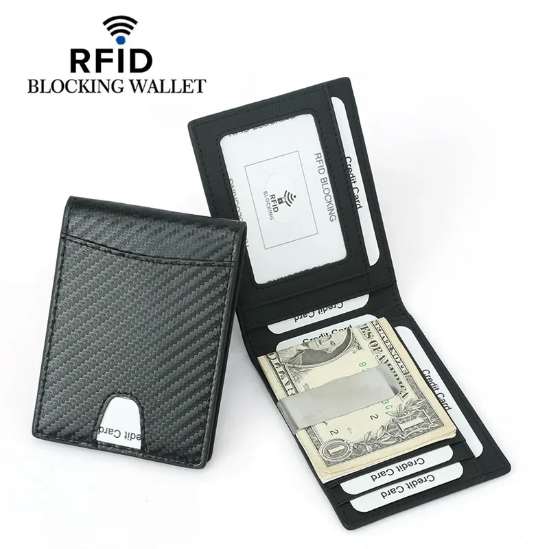 RFID Blocking Genuine Leather Wallet With A Clip Men ID Credit Card Holder Front Pocket Bifold Male Metal Clamp For Money