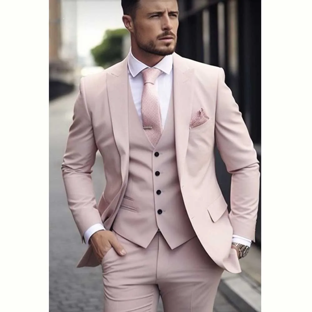 

Elegant Pink Suit for Men Single Breasted 3 Piece Jacket Pants Vest Male Clothing Formal Business Wedding Party Groom's Sets