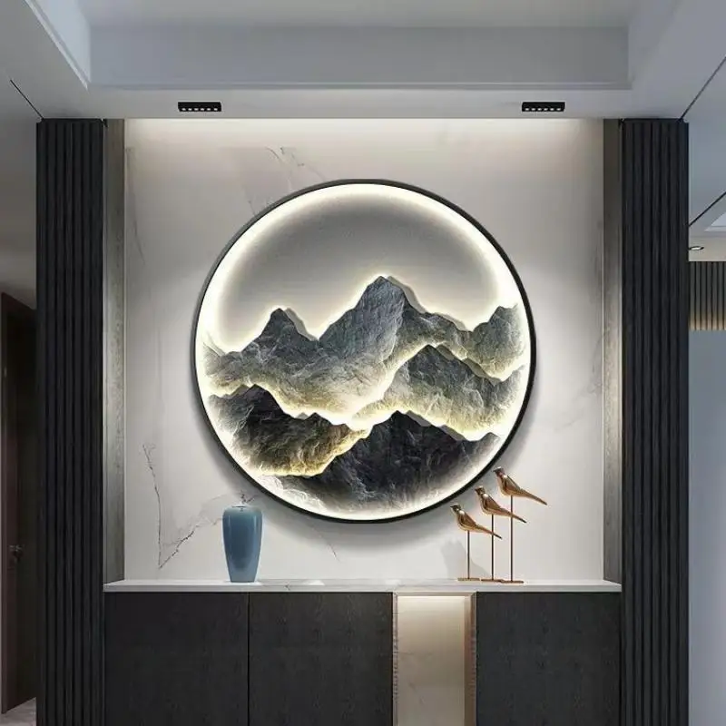 Modern Round LED Mural Lamp For Corridor House Living Room Home Decoration Lustre Mountain Hanging Painting Lighting Wall Light