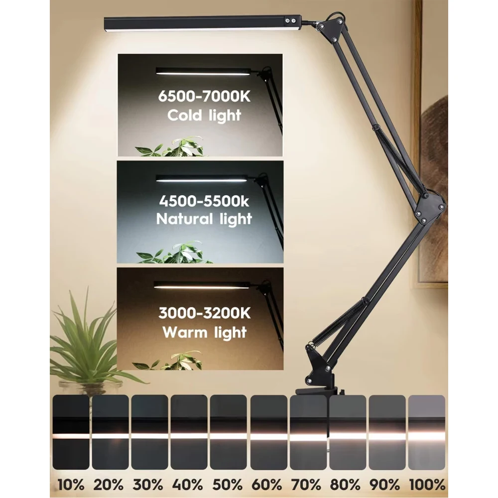 3 Lighting Modes New LED Desk Lamp with Clamp Swing Arm Desk Lamp Eye-Caring Dimmable Desk Light with 10 Brightness Level