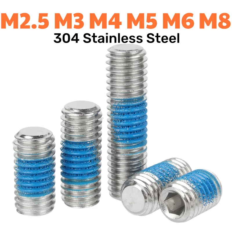304 Stainless Steel M2.5 M3 M4 M5 M6 M8 Headless Hexagon Socket Grub Screw Blue Anti-Loosening Set Screws