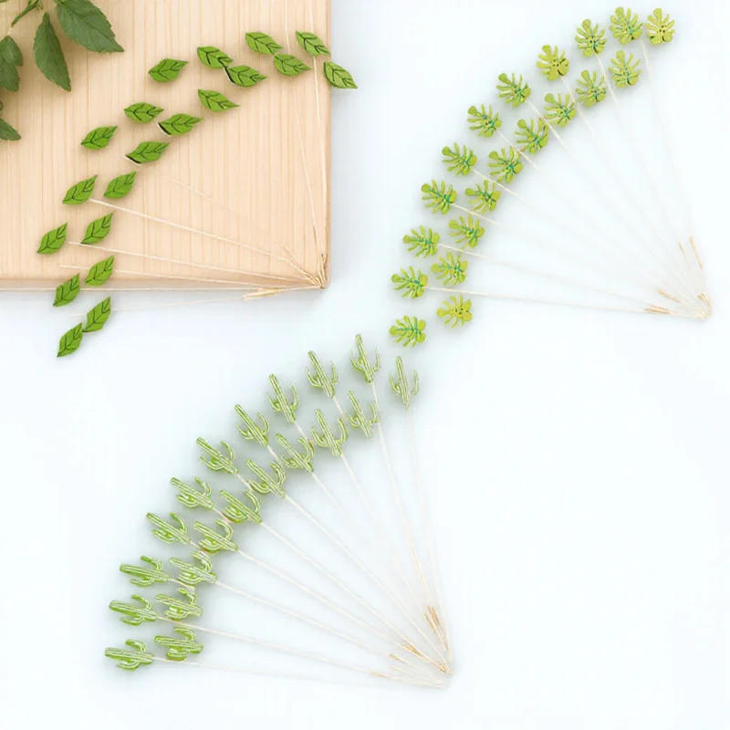 

60pcs Guise Leaf Cake Picks Tropical Fruit Food Sticks For Jungle Party Decoration Skewers Appetizers Drink Picks Party Supplies