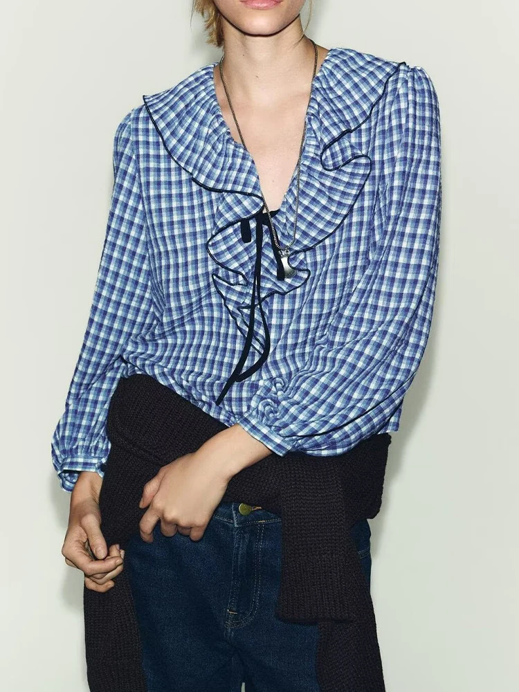 Estilo europeo y americano otoño nueva tendencia de moda casual ropa de mujer diseño sentido pequeña camisa decorativa en capas a cuadros