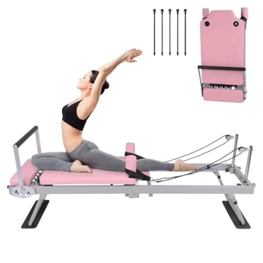 

Pilates Reformer Machine Equipment Pink Foldable Home Reformer with Resistance Cords for Workout