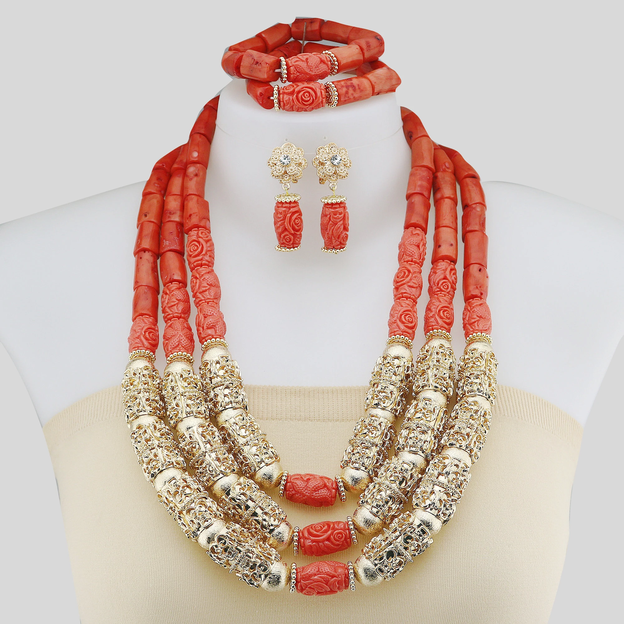 

Pure Orange Artificial Coral Beads Wedding Jewelry Set Generous 3 Layers Necklace Women Customized Nigeria Bride Free Shipping