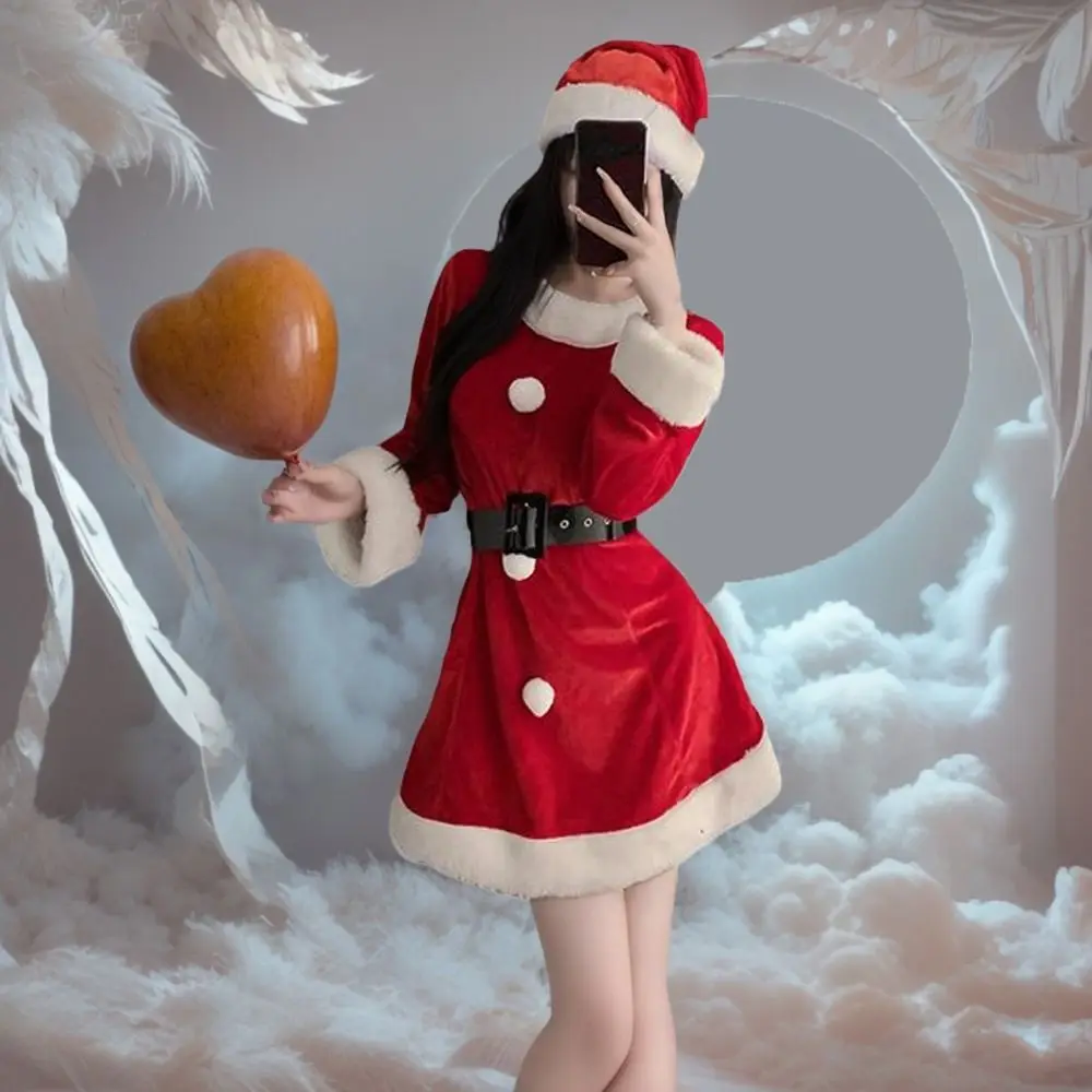 

Velvet Christmas Dress Women Pajamas New Year Red Dress Suit Slim Fit High Waist Long Sleeve Nightwear Girl