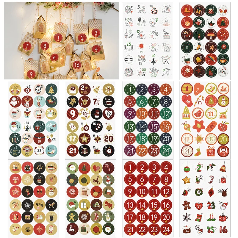 24Pcs Christmas Advent Calendar Number Sticker Xmas Gift Label Adhesive Stickers Christmas New Year Decoration Navidad Noel