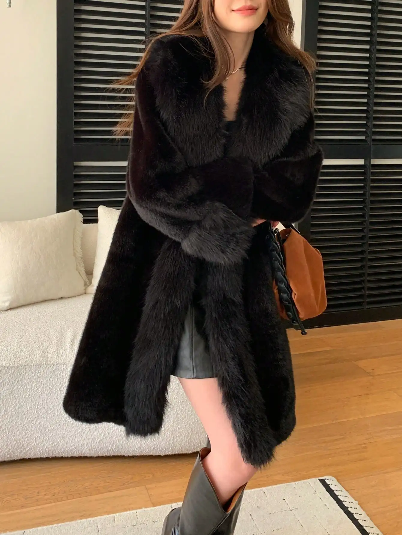 

Women's Winter Faux Fur Coat with Plush Collar, Long Length, Luxury Warm Outerwear for Cold Weather
