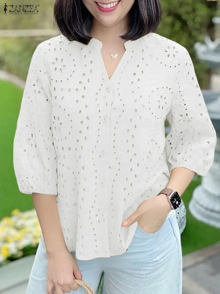 ZANZEA Women Shirt Stylish Hollow Out Embroidered Blouse Autumn Elegant V Neck 3/4 Sleeve Tops Patchwork Work Blusas Mujer Femme