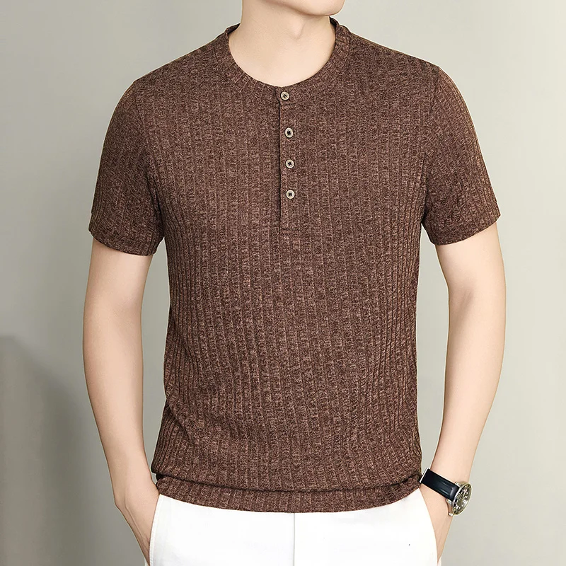 Herren Henley-Kragen Vertikal Geripptes Kurzarm-Strick-T-Shirt Lässige Oberteile Dehnbar Atmungsaktiv Knitterfrei Sommerkleidung – Detail 10