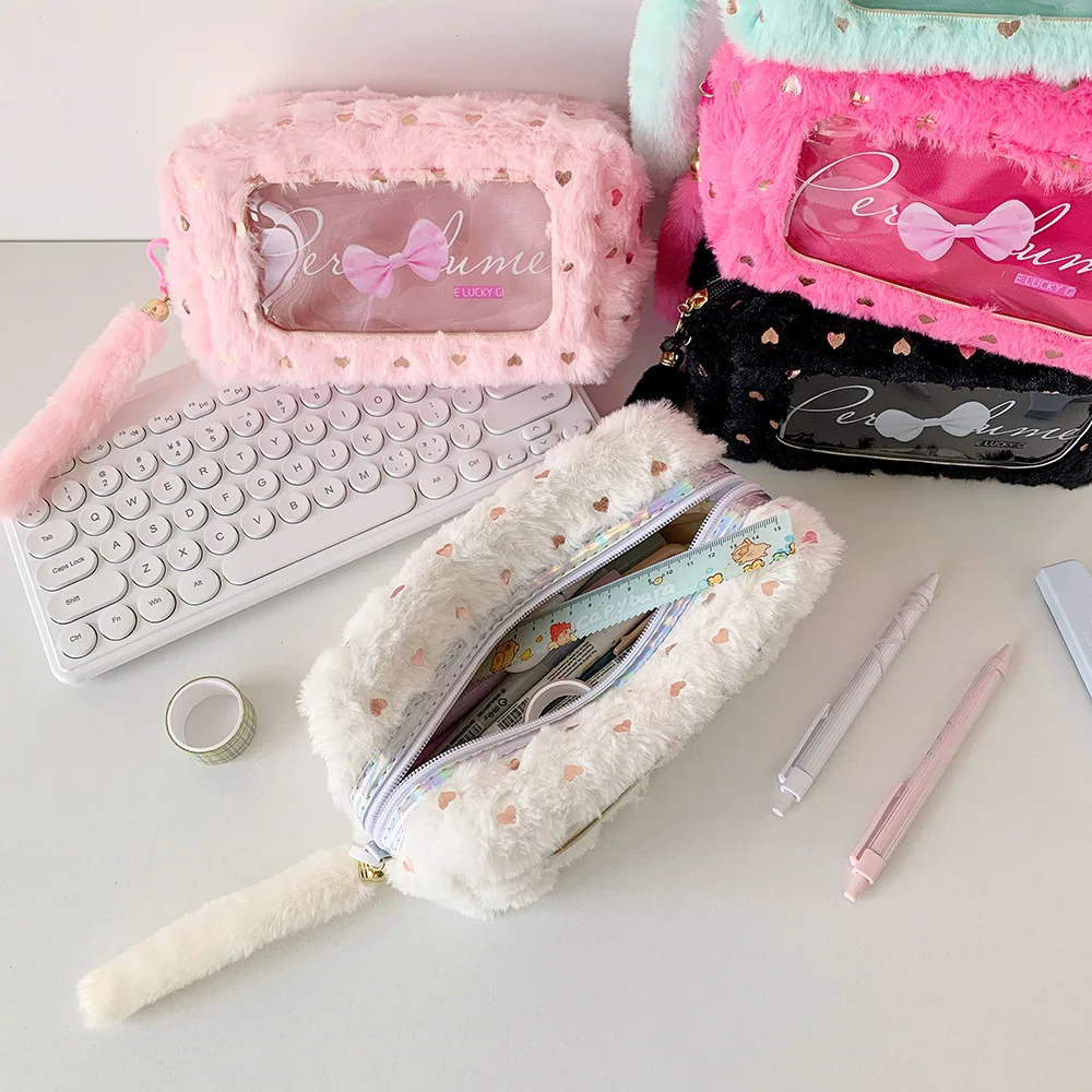 Women's Bag Korean-style Candy-colored Toiletry Bag Bow Tie Stationery Storage Bag Girl Plush Pen Case Hand-carried Makeup Bag