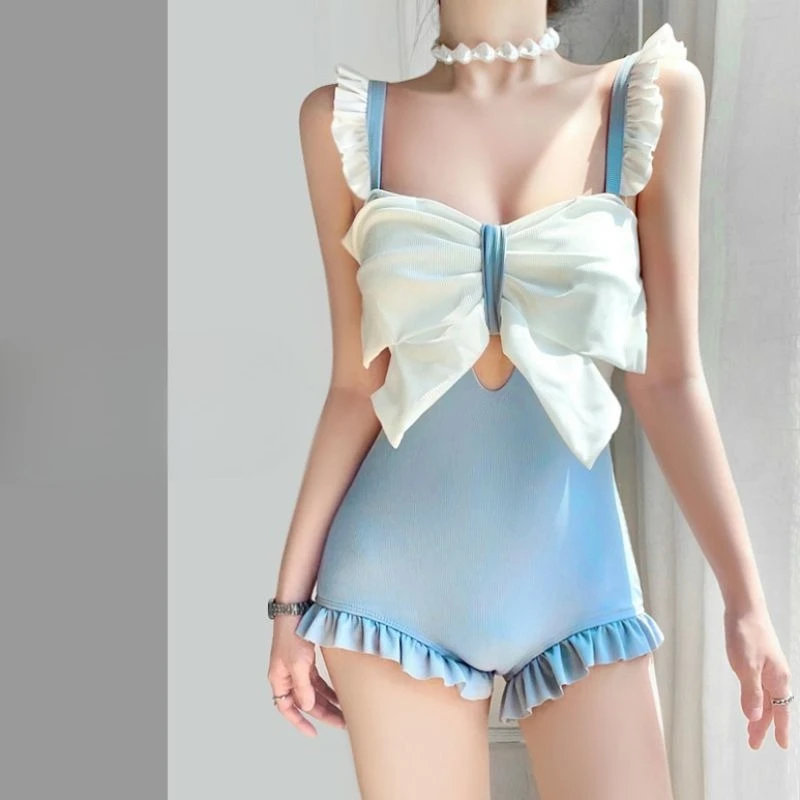 Cute Bowknot Detail Swimwear Ladies Elegant Backless One Piece Swimsuit Soft Pastel Color Swim Costume for Water Activities view 4