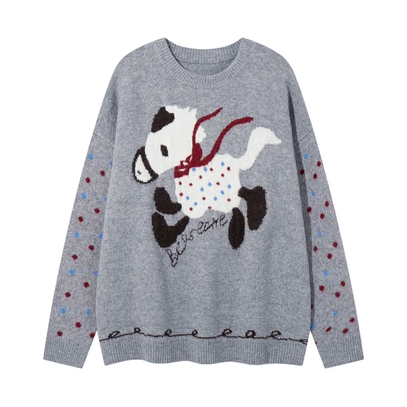 MAQVOB High Quality EU US Size Cute Jacquard Crew Neck Sweater Unisex Autumn Winter Loose Versatile Knitwear