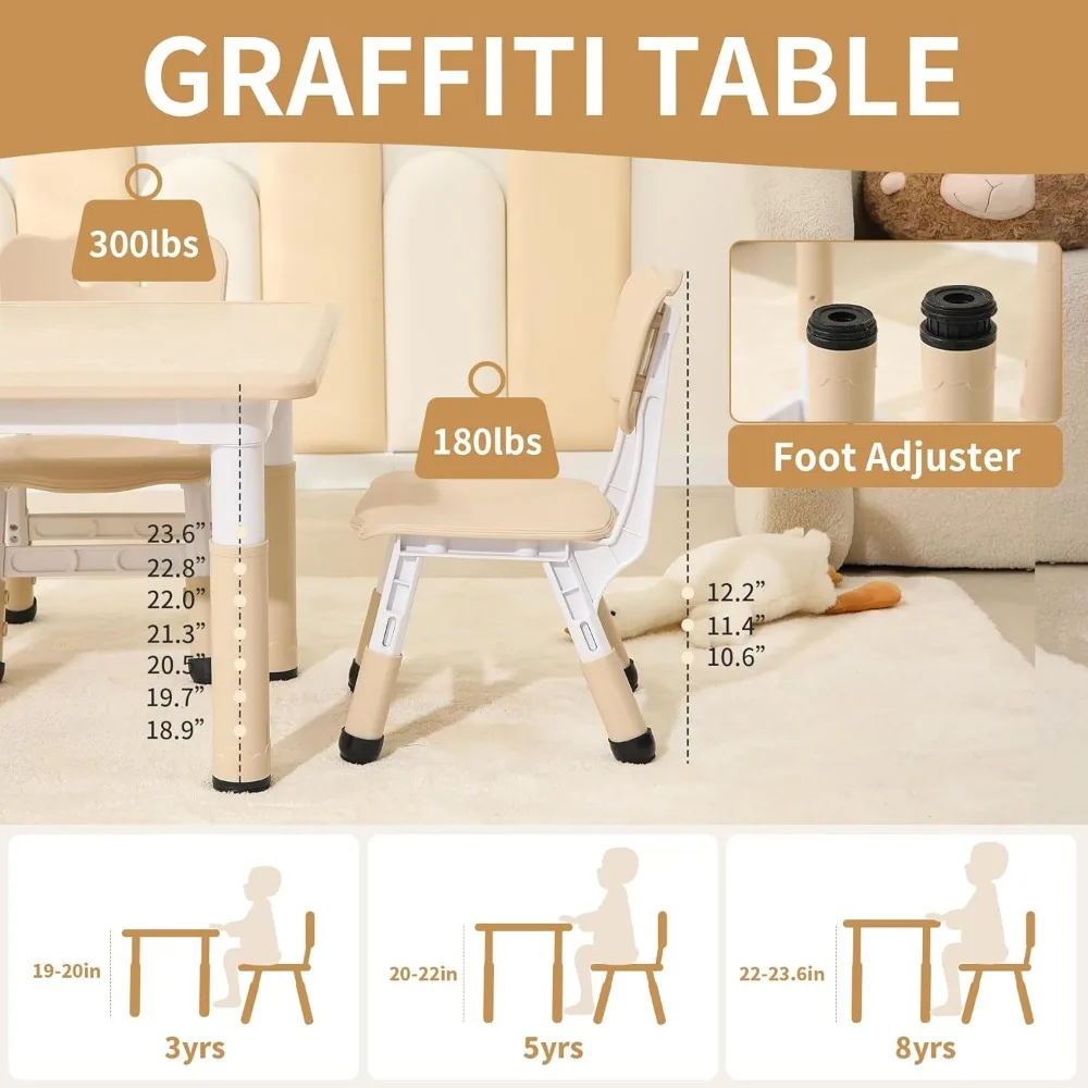 Kindertafel En 2 Stoelen Set, In Hoogte Verstelbare Peutertafel En Stoelen Met Antislip Voethoezen, Graffiti Desktop Arts