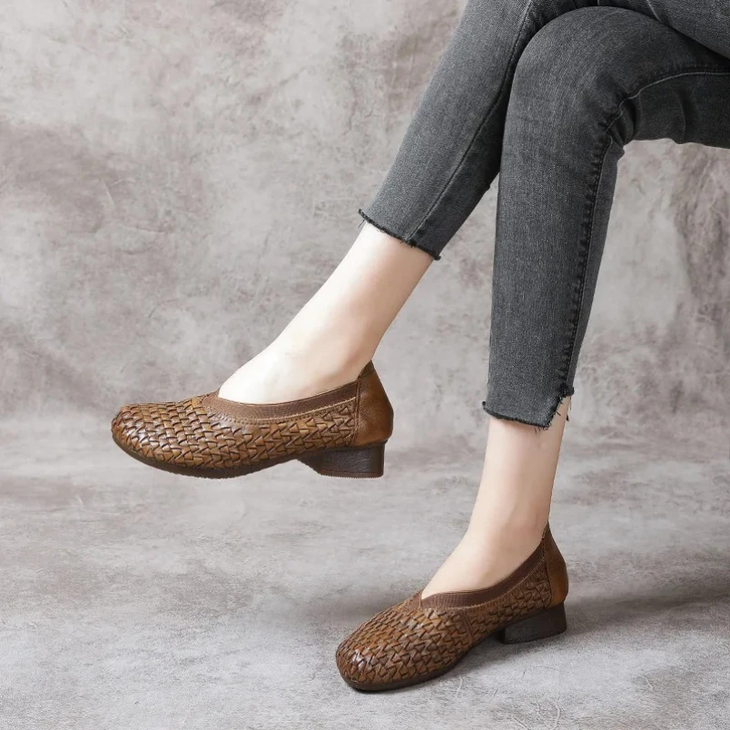 

2025 3cm Ethnic Checkered Weave Cow Genuine Leather Summer Comfy Women Soft Soled Flats Oxfords Breathable Slip on Shoes