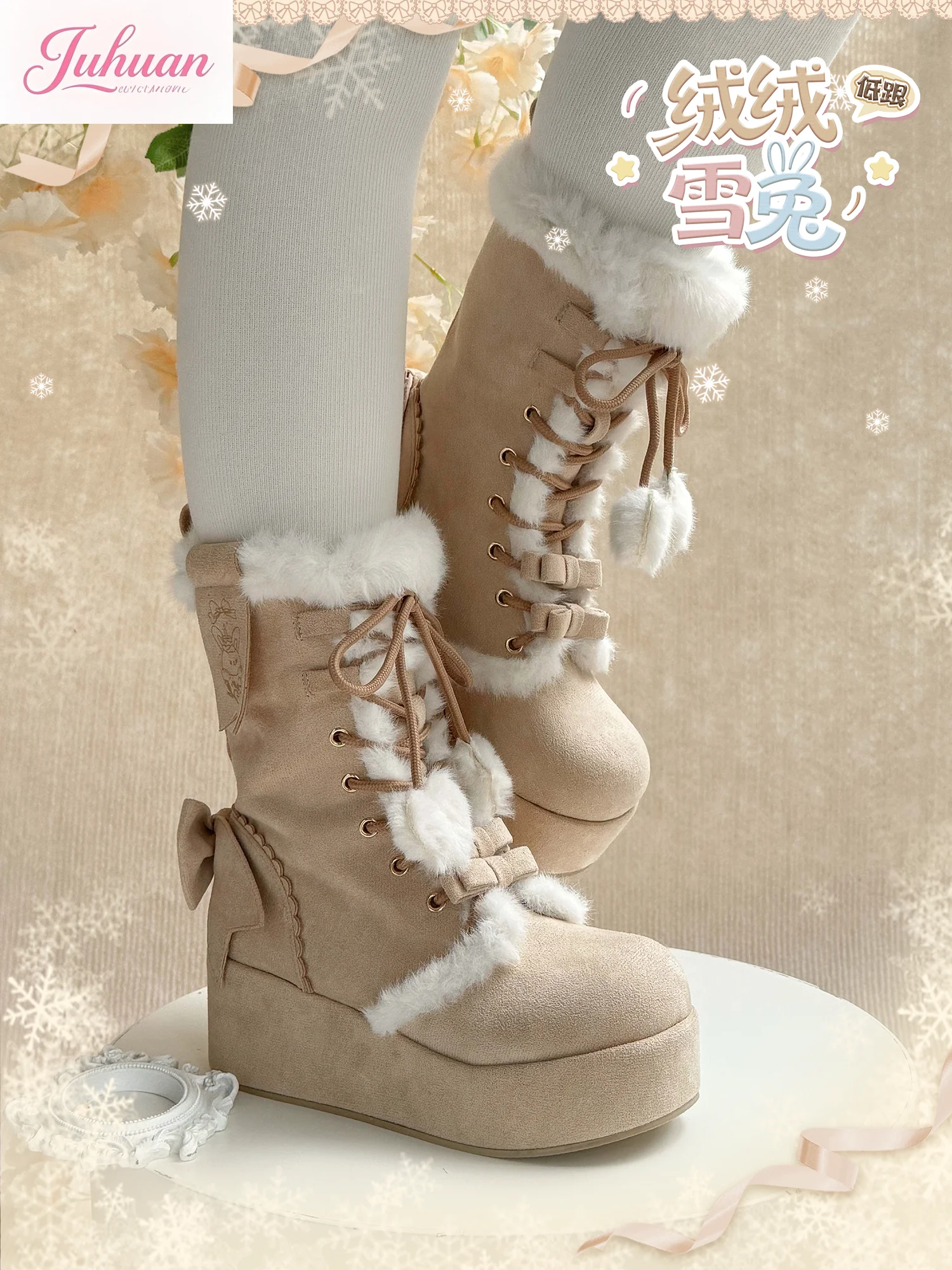 Japonais automne hiver doux mignon plate-forme Lolita Bow moelleux coton chaussures avec polaire chaud plate-forme chaussures neige chaussures doux fille