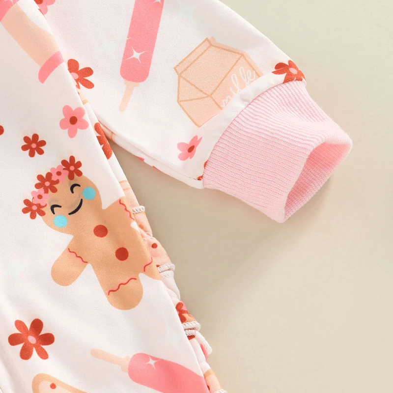 Newborn Baby Girls Christmas Jumpsuit Set Long Sleeve Gingerbread Man/Santa Claus Print Zipped Romper with Bowknot Headband