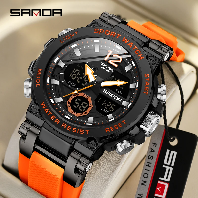 Fashion Sanda 6178 Top Brand New Men\'s Big Dail Sport Quartz Electronic Cool Multi Functional Waterproof Steel Band Watches