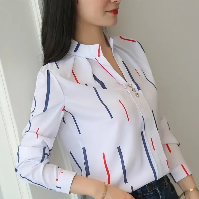 Women White Tops Women\'s Blouses Fashion Stripe Print Casual Long Sleeve Office Lady Work Shirts Female Slim Blusas