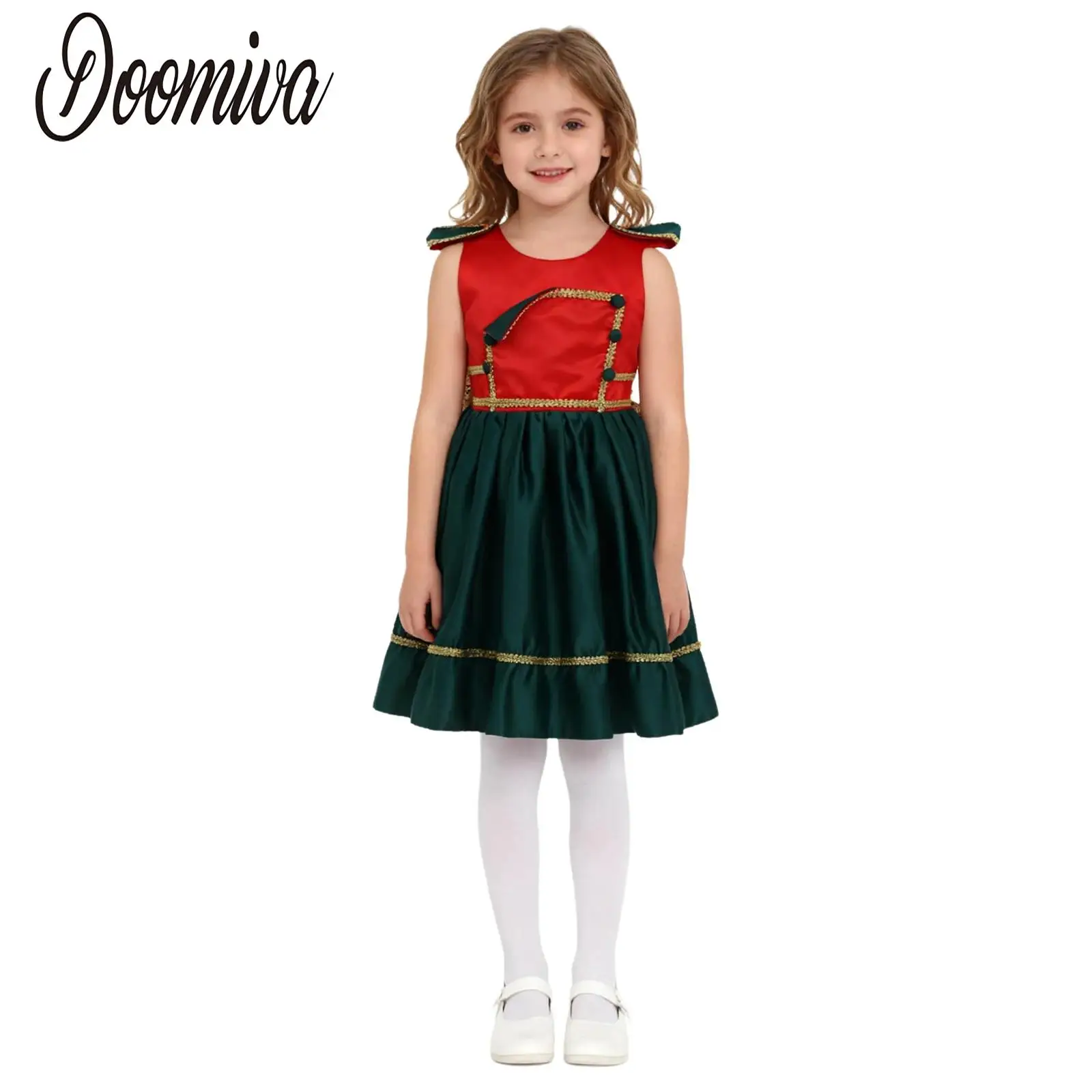 

Girls Christmas Party Santa Tutu Dress Figure Skating Ballet Dance Dress Sleeveless Zipper Contrast Color Ruffled Dress with Bow