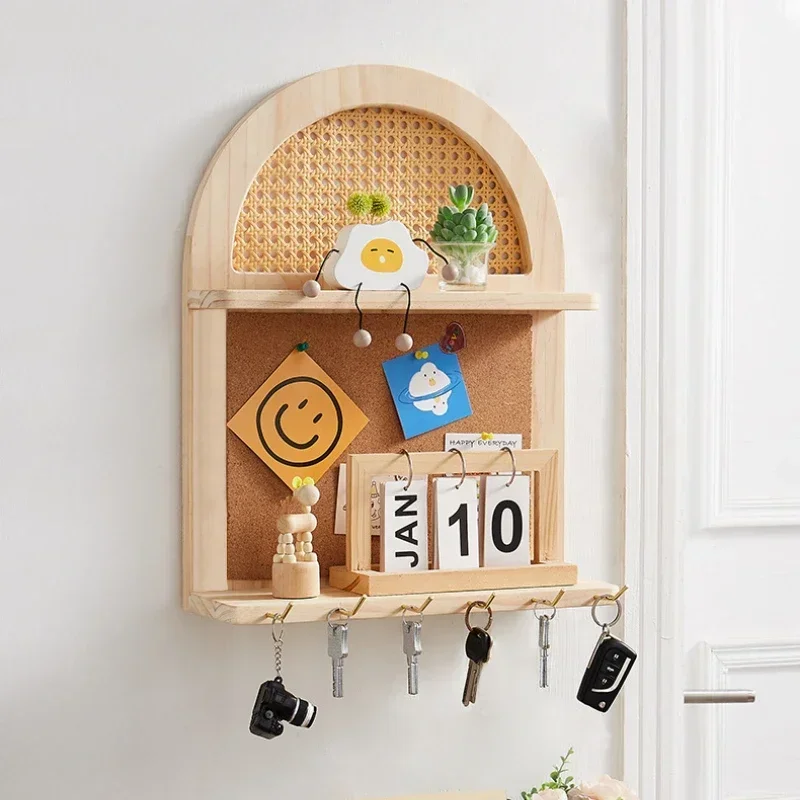 

2 Tier Fan-shaped Rattan Shelves Wall Mounted Decor Storage Shelf Organizer Display Rack for Bathroom Solid Wood Message Board