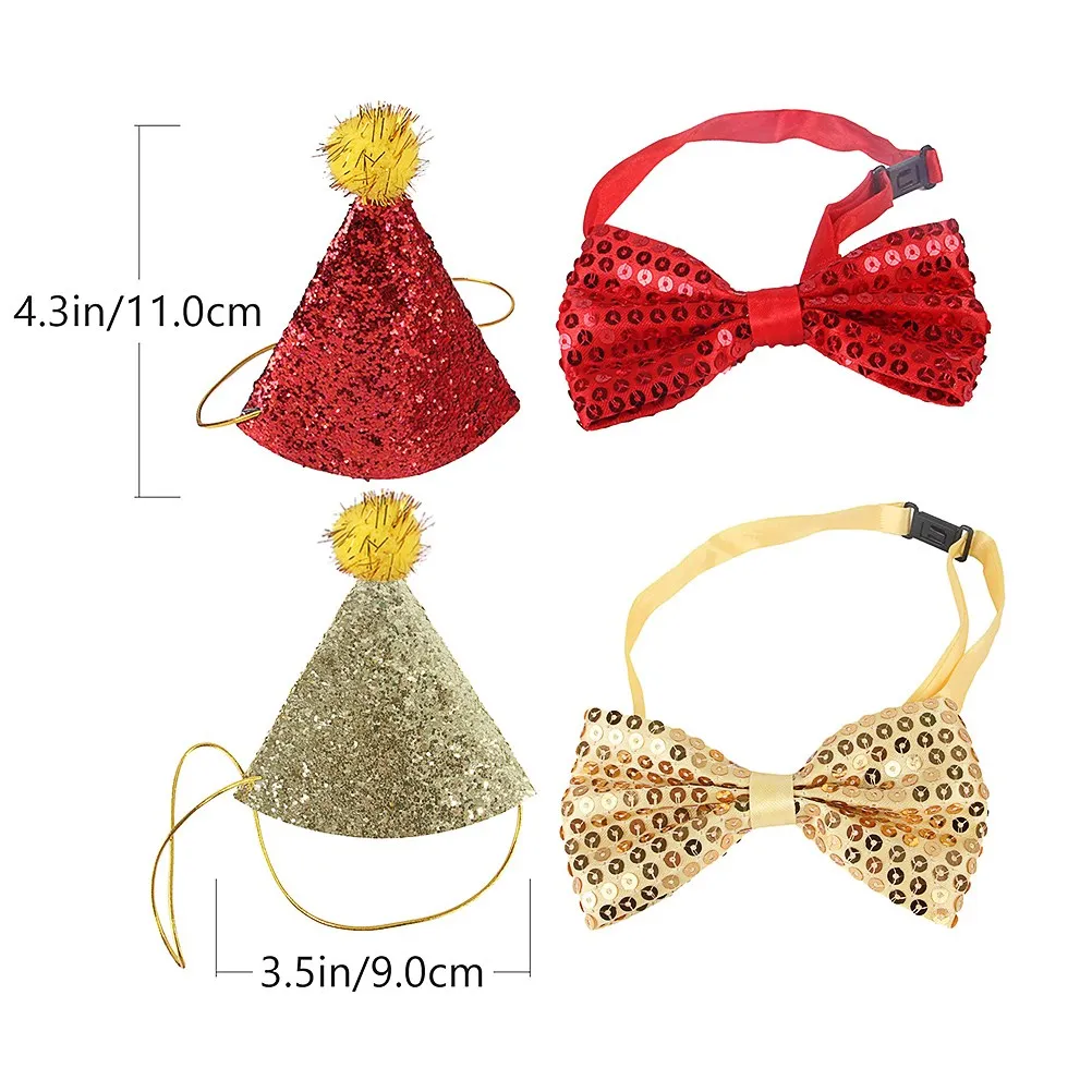 

4pcs Pet Birthday Hat Bow Tie Set For Dogs Cats Party Supplies Bright Shiny Sequins Comfortable Small Medium Size Pet Decoration