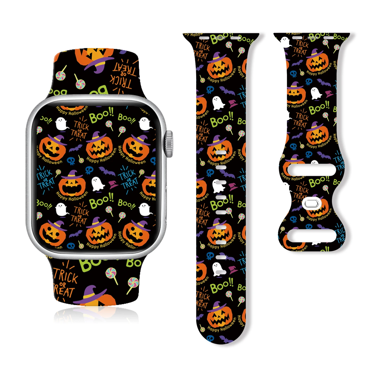 

Halloween Spooky Print Strap for Apple Watch Series 10/9/8/7/SE, Soft Waterproof Silicone Replacement Sport Band 45mm 44mm 42mm