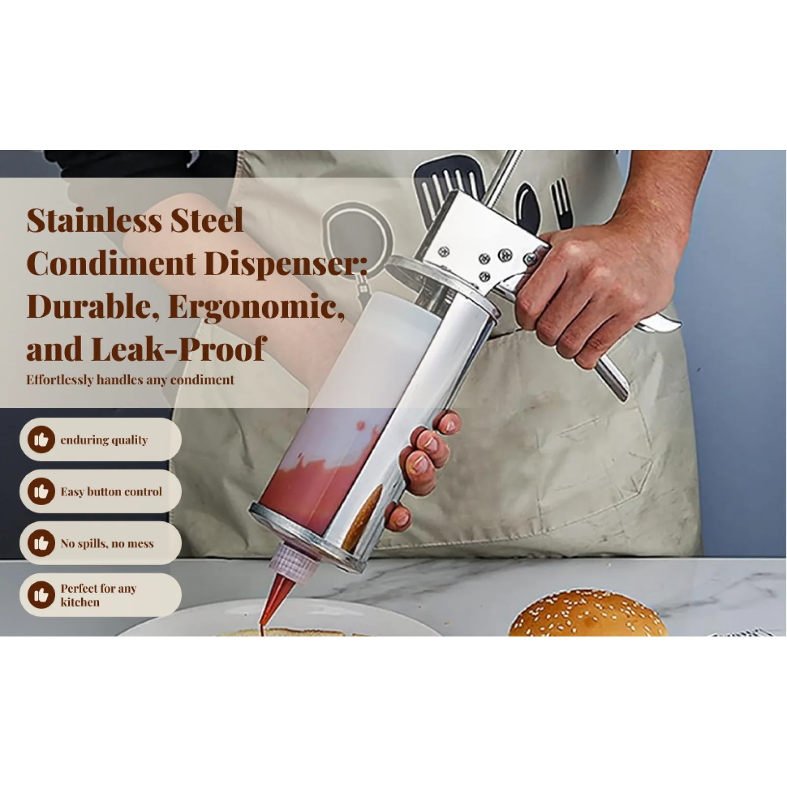 

Food Safe Stainless Steel Sauce Dispenser Pump Modern Condiment Bottle for Hamburger Shop and Kitchen Essentials