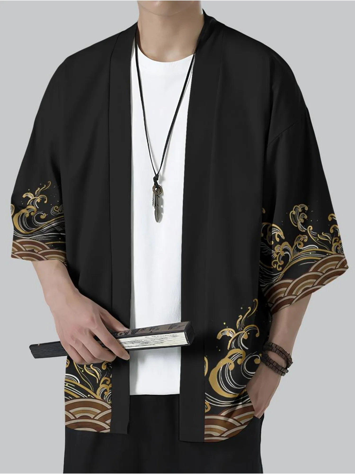 

2026 Summer New Men's Kimono with 3D Water Ripple Pattern Print - Fashionable Outdoor Comfortable Lightweight and Soft