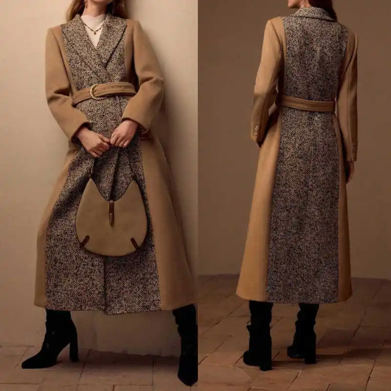 

Stylish Women's Long Overcoat Wool Herringbone Autumn Winter With Belted Jacket BlazerCustomized One Piece Wear