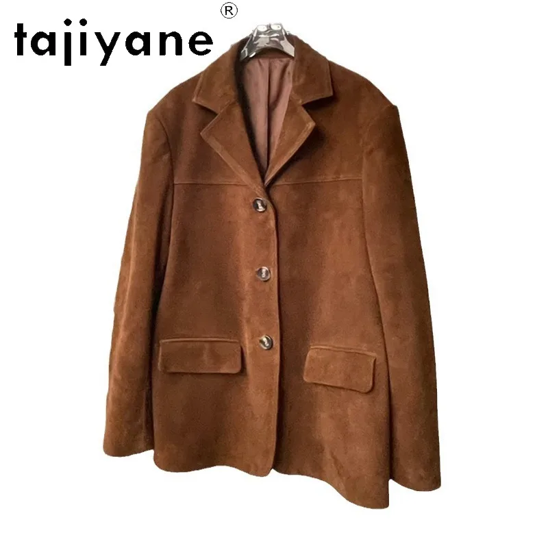 TAJIYANE Genuine Leather Jacket Women Goat Suede Blazers Femme Jackets Vintage Mylard Style Leather Outerwear Office Lady Coats