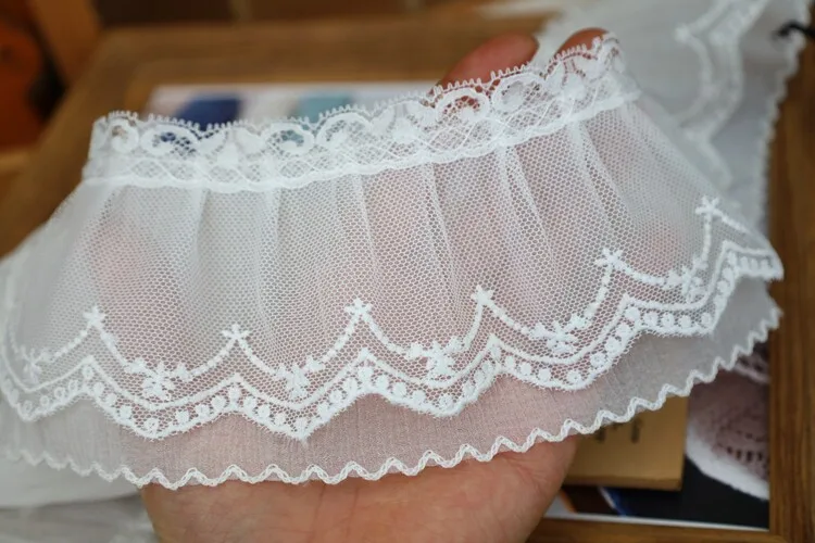 5 Meter. Breite 9 cm. Nicht elastisches, doppellagiges Plissee-Netz, bestickter Spitzensaum, Manschetten, Kragen, Materialien zum Nähen von Kleidungsstücken. – Detail 6