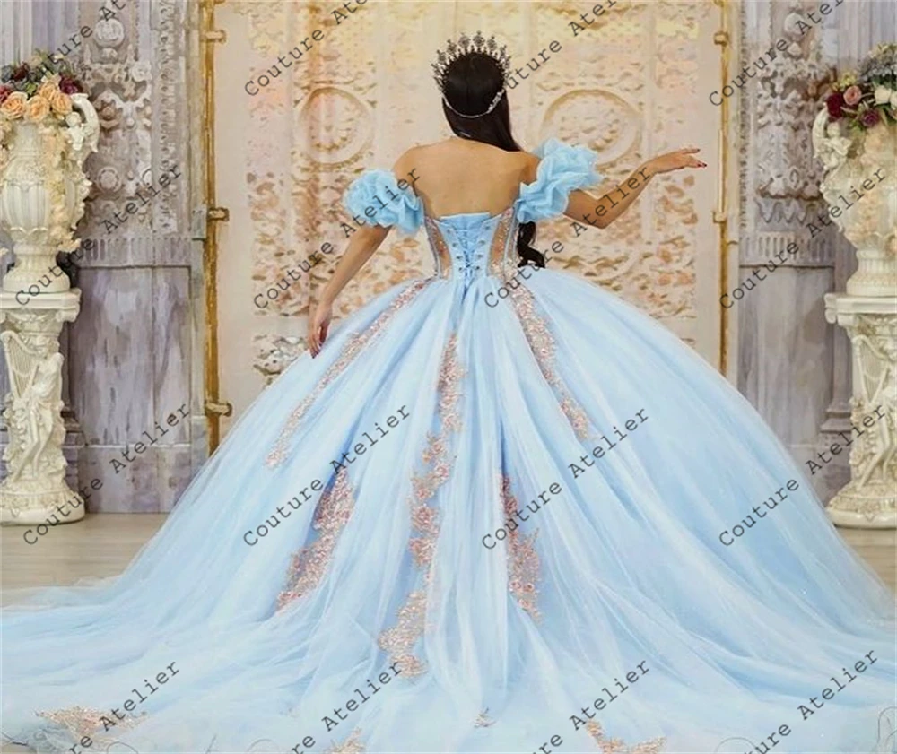 Princess Light Blue Ruched Short Sleeves Quinceanera Dress Lace Appliques Ball Gown Puffy Dress 18th Birthday Debut vestidos