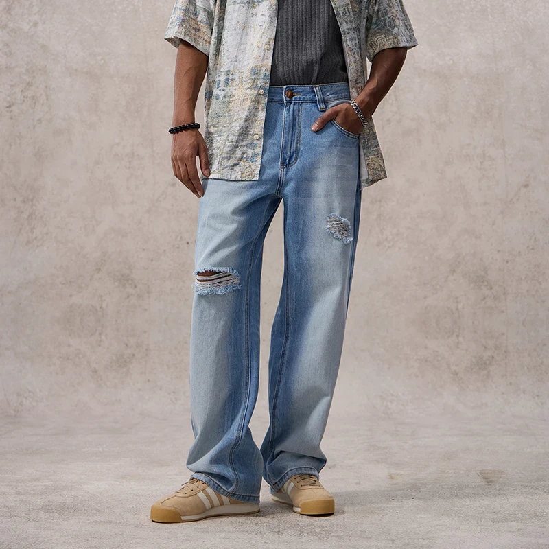 

Cleanfit Ripped Jeans Men Streetwear Fashion Casual Loose Plus Size Washed Hole Denim Baggy Jeans Pants Cityboy Trousers