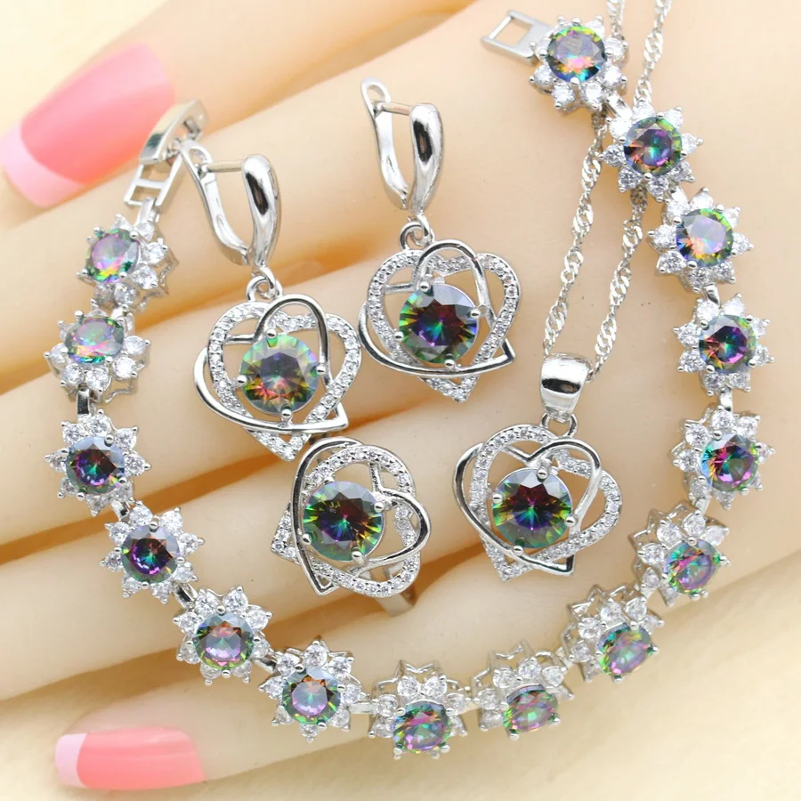 Classic Heart Design Rainbow Zircon Silver 925 Jewelry Sets for Women Wedding Earrings Bracelet Rings Necklace Pendant Best Gift