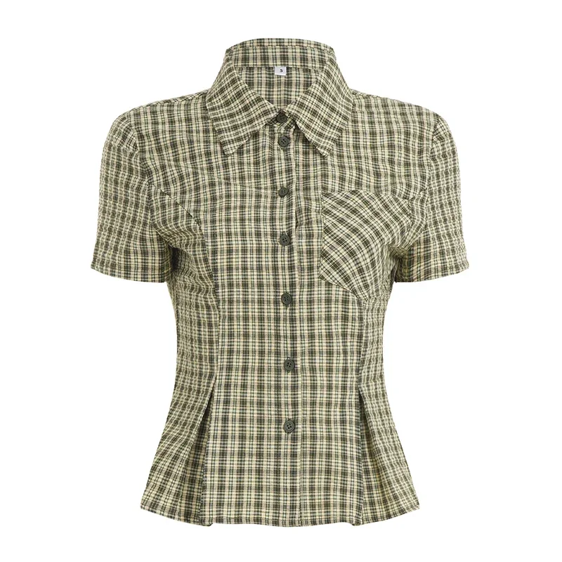 Fashion Plaid Slim Fit Women Causal Shirts Simple Chic Summer Short Sleeve A-Line Trim Button Blouses