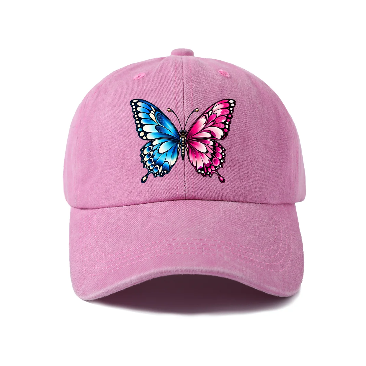 Blue Pink Butterfly Graphic Vintage Washed Baseball Cap, Adjustable Unisex Dad Hat, Casual Gift